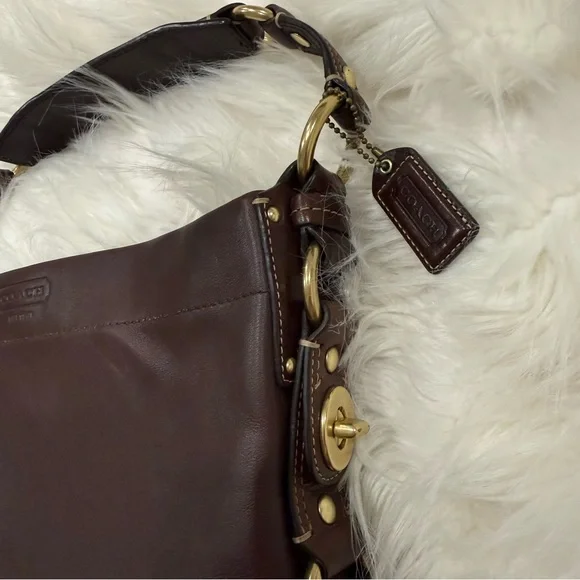 Coach Dark Brown Leather Shoulder Bag with Gold Accents - Picture 4 of 8